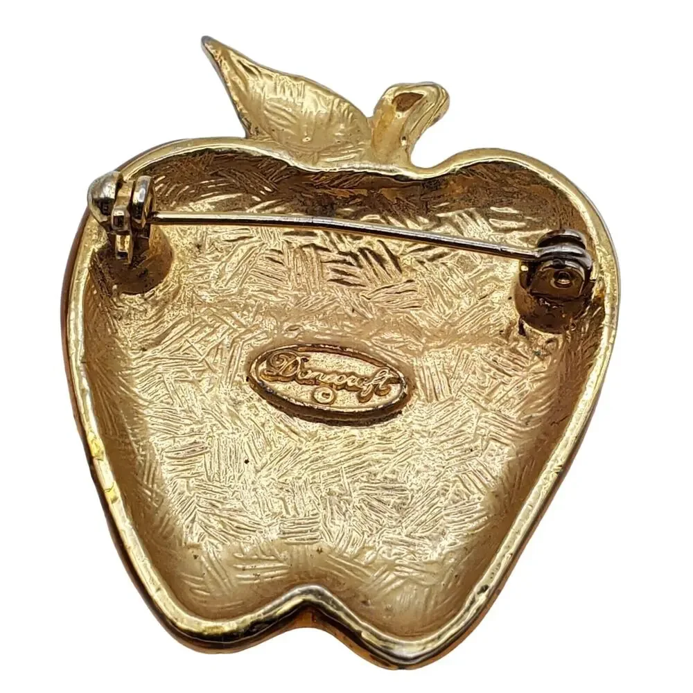 Golden Apple Enamel Brooch Ruler Teacher Pin Danecraft Vintage Fruit